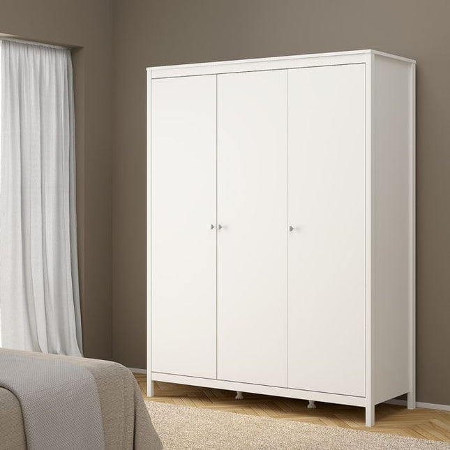 Madrid Package - Bedside Table 2 Drawers + Chest 5 Drawers + Wardrobe with 3 Doors in White