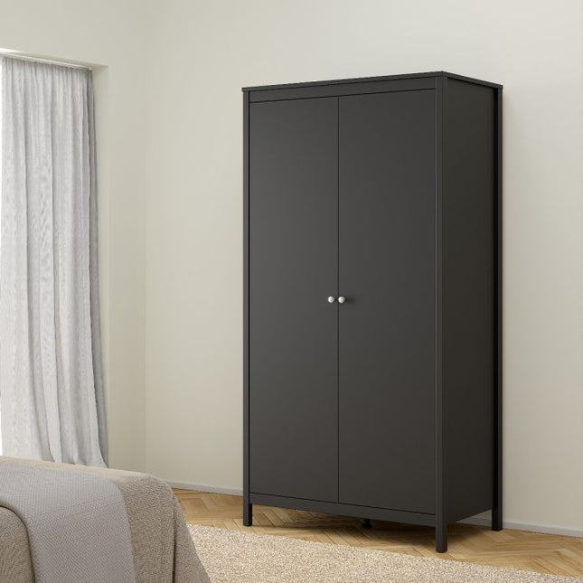 Madrid Package - Bedside Table 2 Drawers + Chest 3+2 Drawers + Wardrobe with 2 Doors in Matt Black