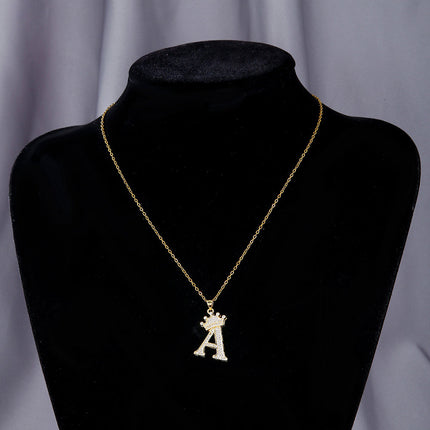 1PCS Fashionable Gold Diamond Crown Uppercase Letter Popular Pendant Necklace Suitable For Daily Use Festivals Parties Gifts Jewelry Set