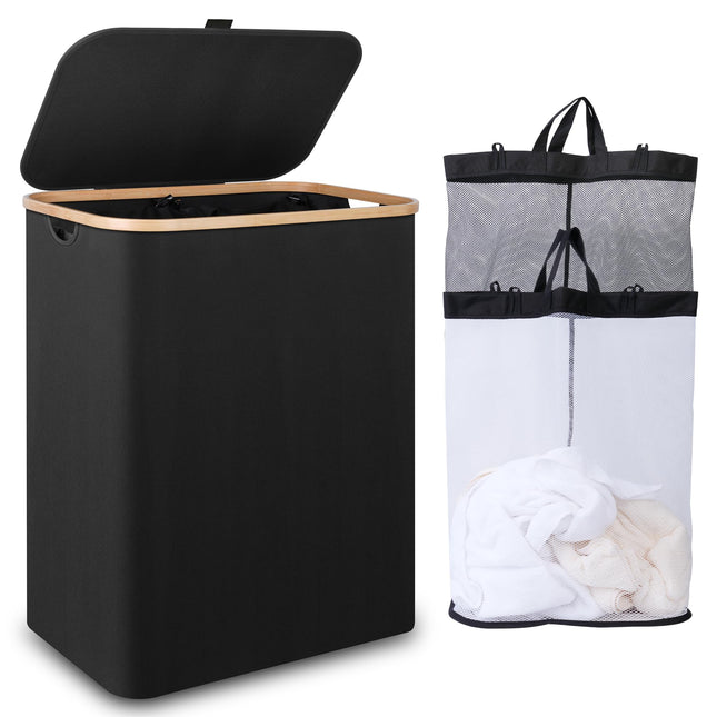 iEGrow Large Laundry Basket with Lid 150L, Double Laundry Baskets with Removable and Washable Inner Bags, 2 Compartments Foldable Washing Basket for