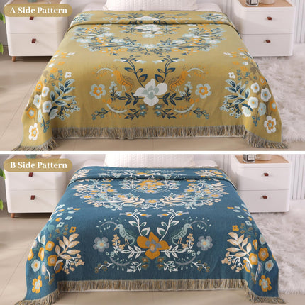 DECMAY Double-sided Throws for Sofas Large, Boho Sofa Bedspread Throw Blanket with Tassels, 100% Cotton Throw for Sofas, Bed and Armchair, Olive,