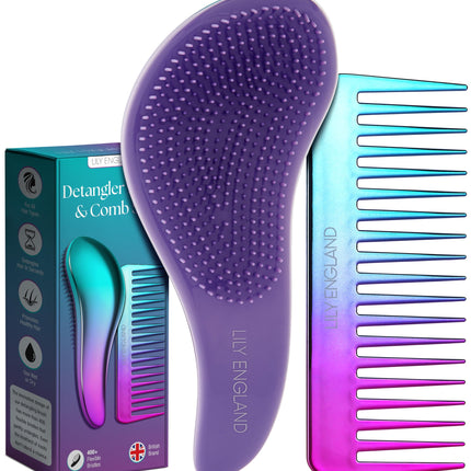 Detangle Hair Brush and Wide Tooth Comb Set Easy to Hold Detangler Hairbrush and Detangling Comb for Women and Kids for Wet or Dry, Fine, Curly,