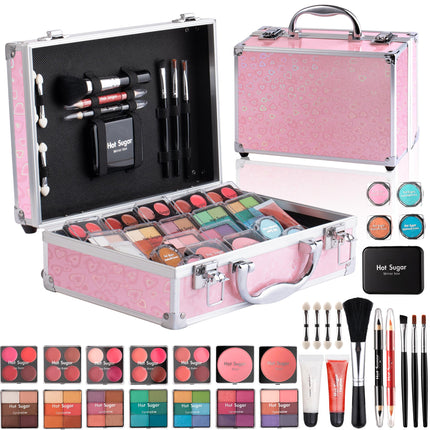 Hot Sugar Girls Makeup Set, Complete Starter Cosmetics Kit with Eye Shadow, Lip Balm, Blush, Lip Gloss, Brushes, Eye Pencils and Mirror (Pink Love)