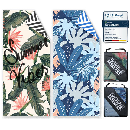 Beach Towels For Adults Extra Large - 2 Pack 200x90cm Lightweight microfibre beach towel with Mesh Bags, Double Sided Sand Free Absorbent Quick Dry