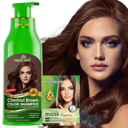 Herbishh Hair Color Shampoo ? 3-in-1 Dark Brown Dye for Gray Hair ? Ammonia-Free Long-Lasting Color ? 500ml ? Colors Hair in Minutes (Chestnut Brown)