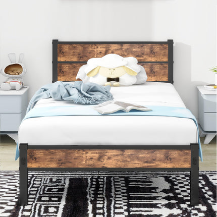 DUMEE Single Bed Frame with Wooden Headboard and Footboard, Metal Wooden Bed Frame 3FT Under Bed Storage, No Box Spring Needed, Enhanced Support Noise