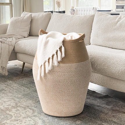Laundry Hamper Tall Woven Cotton Rope Laundry Basket Dirty Clothes Hamper Kids Curve Laundry Basket Large in Bathroom Laundry Room for Dirty Clothes