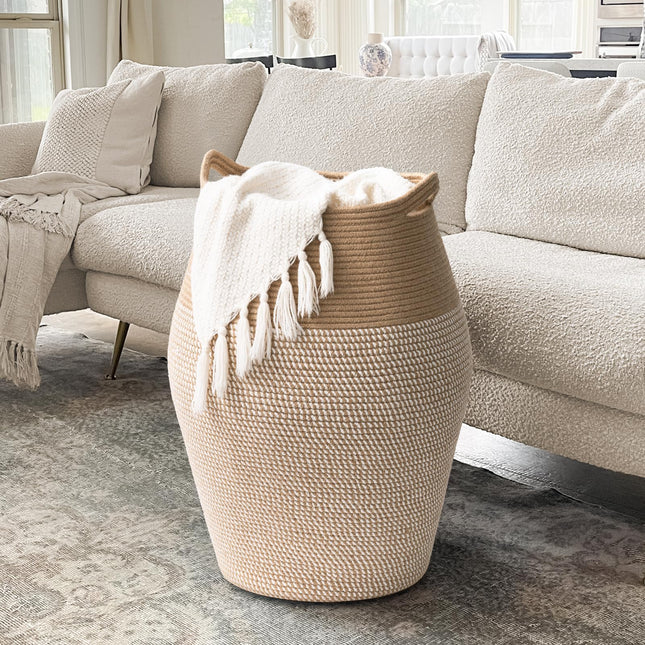 Laundry Hamper Tall Woven Cotton Rope Laundry Basket Dirty Clothes Hamper Kids Curve Laundry Basket Large in Bathroom Laundry Room for Dirty Clothes