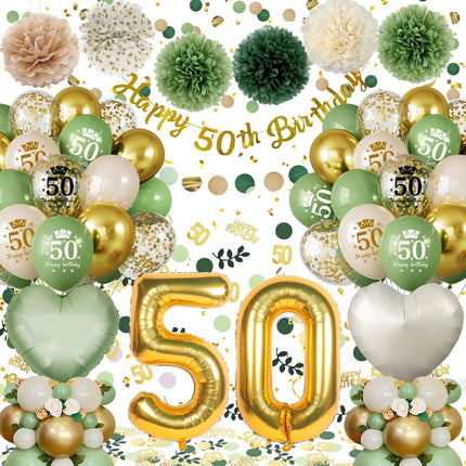 50th Birthday Decoration for Women Men, Green Gold Balloons Decorations, Happy 50th Birthday Banner Number 50 Foil Balloon for Party Decorations