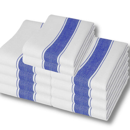 A & B TRADERS 10 Pack Cotton Catering Kitchen Cloth Harringbone Blue Stripe Tea Towels Restaurant Bar Glass Cloths