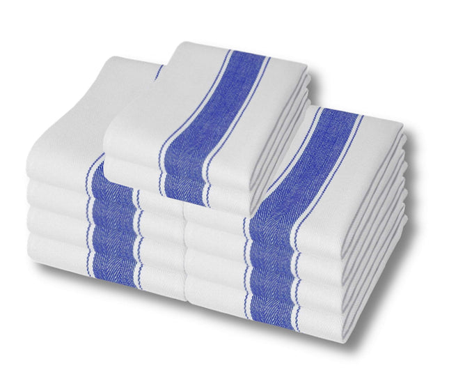 A & B TRADERS 10 Pack Cotton Catering Kitchen Cloth Harringbone Blue Stripe Tea Towels Restaurant Bar Glass Cloths