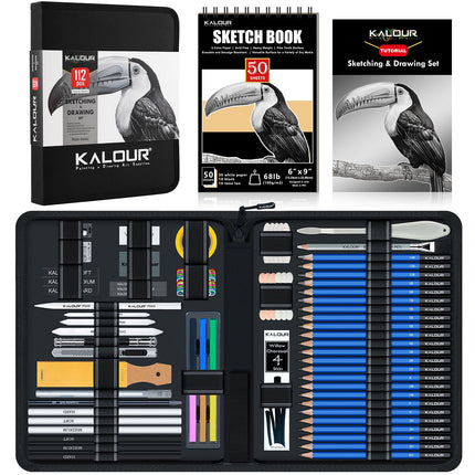 KALOUR PDAS 112 Drawing Set with 3-Color Sketchbook, Graphite & Charcoal Pencils, Art Kit for Artists, Adults, Teens & Beginners, Ideal for Shading &