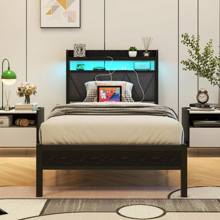 VERFARM 3ft Single Bed Frame with LED Lights Storage Upholstered Headboard and Charging Station, Solid Metal Platform Bed Single Size, No Box Spring