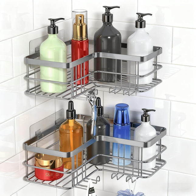 Yazoni Corner Shower Caddy, Adhesive Shower Organizer Corner, Bathroom Shelves Shampoo Holder with Hooks, Rust-proof Stainless Steel