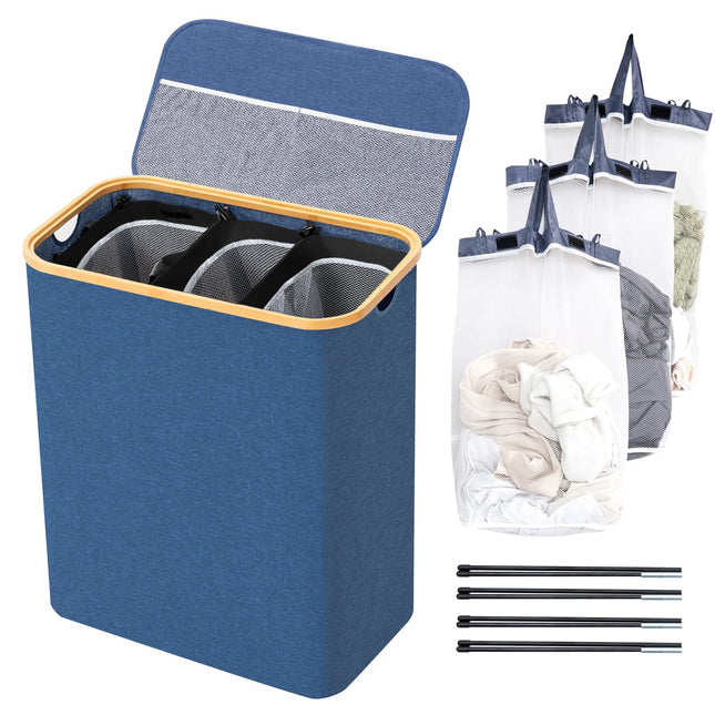 BRIAN & DANY Laundry Basket with Lid, Large Laundry Hamper 3 Compartments with Handles, Collapsible Washing Basket with 3 Removable Bags, Washing Bin