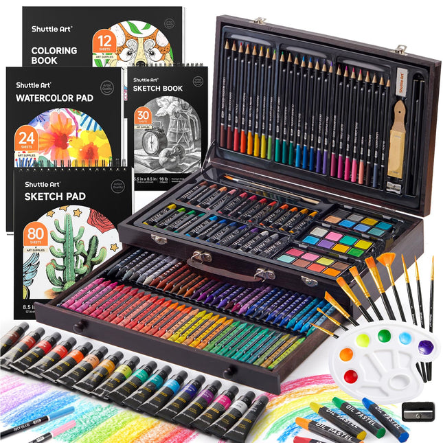 Shuttle Art 186 Piece Deluxe Art Set, Art Supplies in Wooden Case, Painting Drawing Art Kit with Acrylic Paint Pencils Oil Pastels Watercolour Cakes