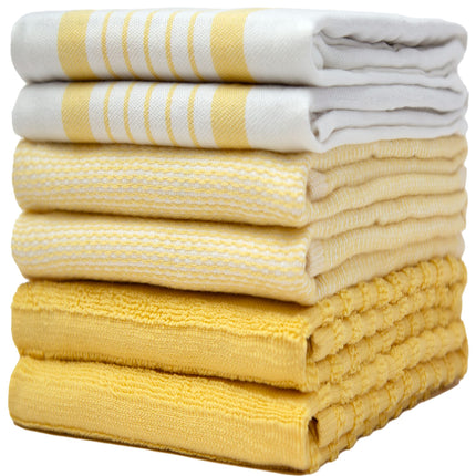 6 Pack Large Tea Towel Set | Absorbent Kitchen Hand Towels | Soft Cotton Dish Towels | Horizontal Ribbed Flat & Terry Towel with Hanging Loop |
