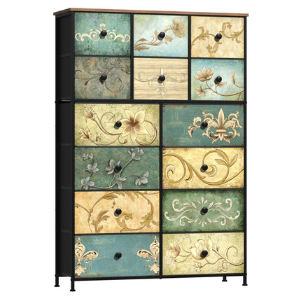 VEDECASA Chest of Drawers with 14 Drawers,Dresser for Bedroom with Floral Print, Fabric Dresser Storage Organizer with Wood Top,Drawer storage unit