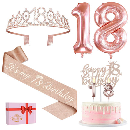 18th Birthday Decorations for Girls, Including 18th Birthday Sash and Tiara, Cake Topper and Candles, Rose Gold Number Balloons, 18 Year Old Gifts for