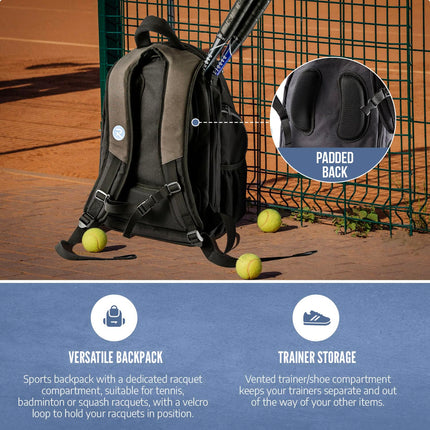 Raquex Racket Sports Backpack - for 1 Tennis or Padel Racquet, or 2 Squash or Badminton Racquets. Rucksack for Rackets + Shoes + Laptop + Water Bottle