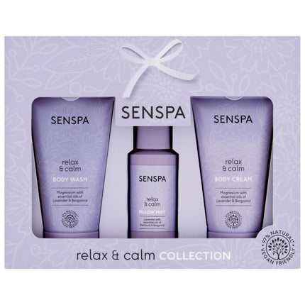 SenSpa Relax and Calm Gift Collection ? Travel Sized Lavender Body Wash, Body Cream and Pillow Mist ? 97% Natural Vegan Skincare ? Wellness Gift Set