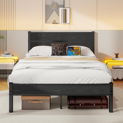 DUMEE Double Bed Frame with Wooden Headboard and Footboard, Metal Wooden Bed Frame 4ft6 Under Bed Storage, Enhanced Support (Black Oak)