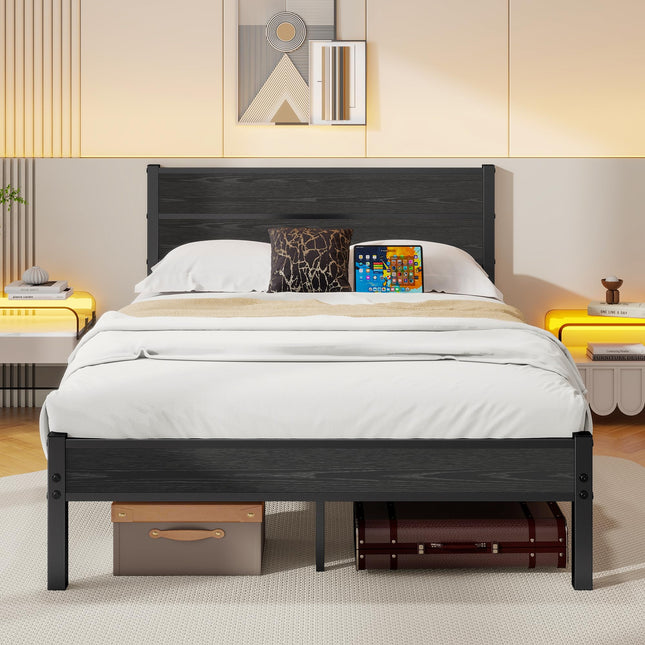 DUMEE Double Bed Frame with Wooden Headboard and Footboard, Metal Wooden Bed Frame 4ft6 Under Bed Storage, Enhanced Support (Black Oak)