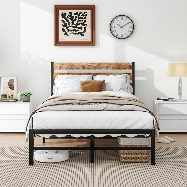 FOUBAM Bed Frame 120 x 200, Metal Bed with Wooden Headboard, Metal Bed Frame with Slatted Frame, Single Bed Frame, Guest Bed, Youth Bed for Bedroom,
