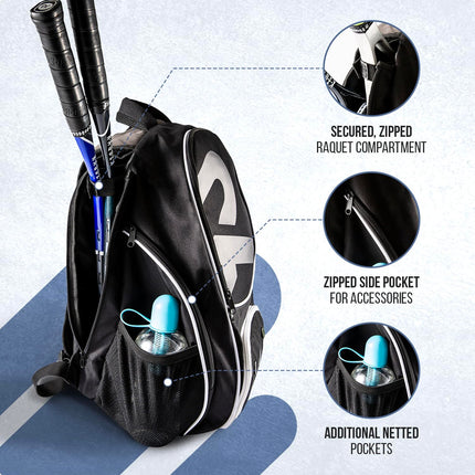 Raquex Racket Sports Backpack - for 1 Tennis or Padel Racquet, or 2 Squash or Badminton Racquets. Rucksack for Rackets + Shoes + Laptop + Water Bottle