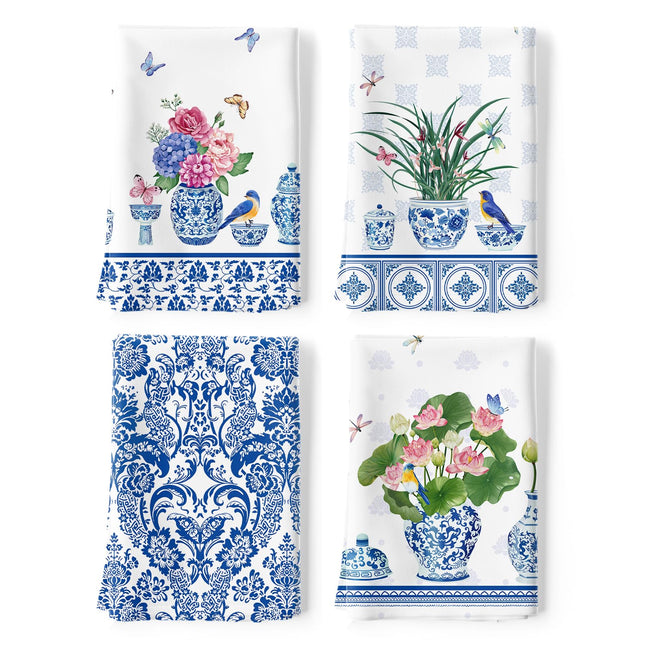 Arquiel Blue and White Porcelain Kitchen Towel 100% Cotton Quick Dry Dish Towels 50 x 70CM, Dishcloth Hand Towels for Housewarming Gifts Dining, Home,