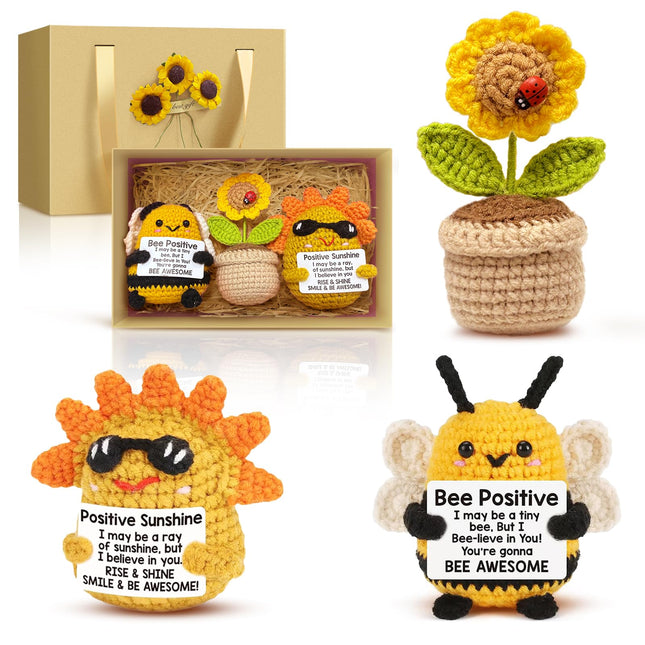 3Pcs Handmade Emotional Support Crochet Set: Sun, Bee & Sunflower in Gift Box, Funny Positive Bee Crochet Animals,Positive Knitted Dolls for Women Men