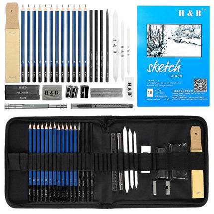 H&B 33pcs Sketch Pencils Set Artists Drawing Kit in Pencil case with Pencil Sharpener Art Supplies for Student Painter Beginner