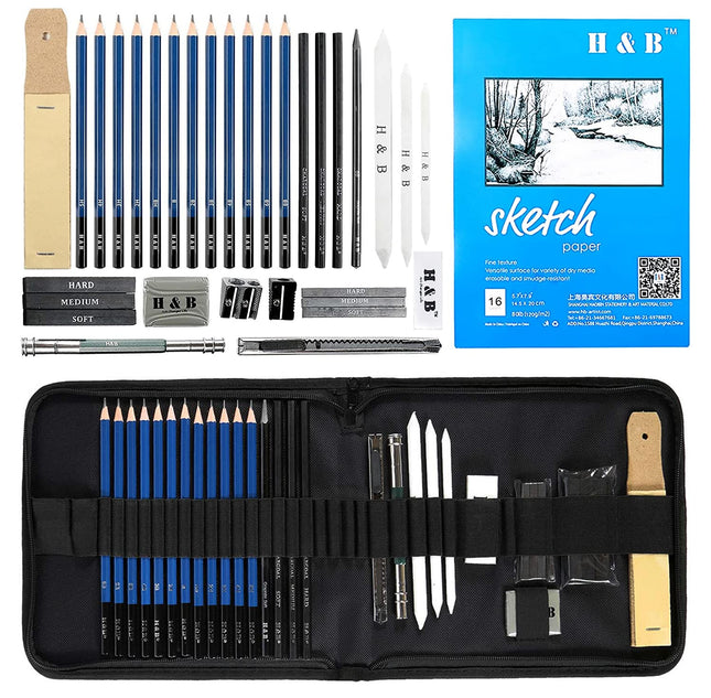 H&B 33pcs Sketch Pencils Set Artists Drawing Kit in Pencil case with Pencil Sharpener Art Supplies for Student Painter Beginner