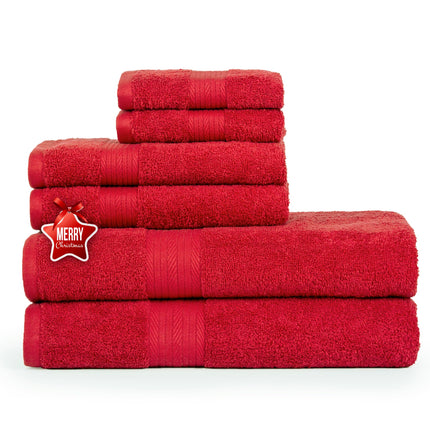 Ample Decor 100% Cotton Luxury Towel Set, Soft & Absorbent 6-Piece Set ? 2 Bath Towels, 2 Hand Towels, 2 Wash Cloths for Bathroom ? Christmas Red