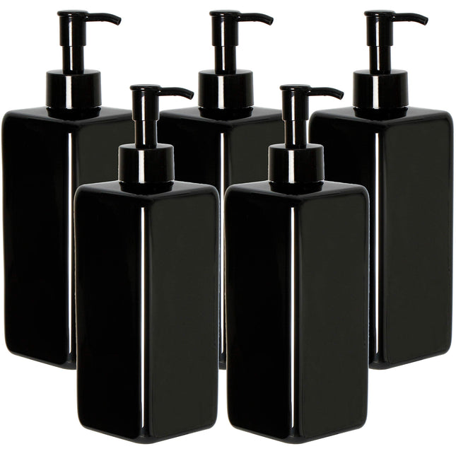 Youngever 5 Pack 500ML Plastic Pump Bottles, Refillable Square Plastic Pump Bottles for Dispensing Lotions, Shampoos and More (Black)
