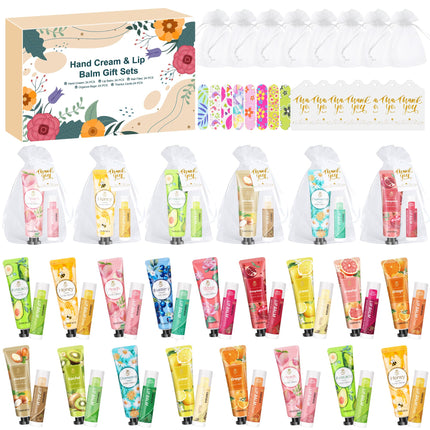 24SETS Hand Cream Gift for Women, 120PCS Christmas Gifts with Hand Creams,Lip Balms,Mini Nail Files,Organza Bags and Thank You Cards, Small Gift for