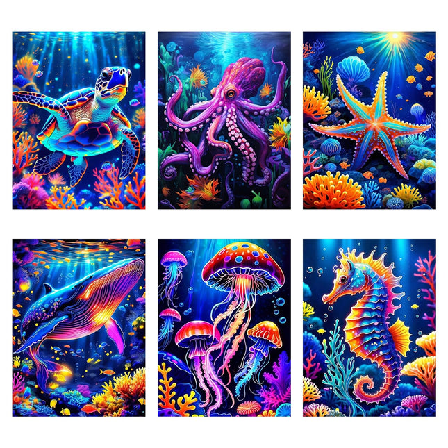 6 Pack Ocean Creatures Diamond Painting Kits for Adults,Colorful Sea Round Drill Diamond Art Kits for Beginners,DIY Marine Animals Crystal Gem Art