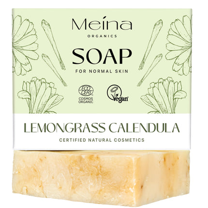 Meina Organic Soap Bar with Lemongrass and Calendula, 100% Natural Certified, Without Palm Oil, Face and Body, Vegan, Plastic Free, Perfect for Travel