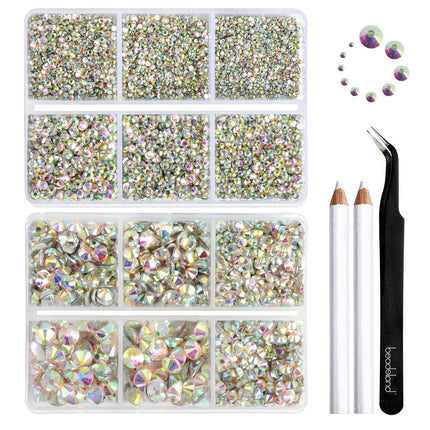 Beadsland 8300PCS Flatback Rhinestones, AB Crystal Rhinestone Nail Gems Round Crystal Rhinestones for Crafts, Mixed 10 Sizes with Wax Pencil and