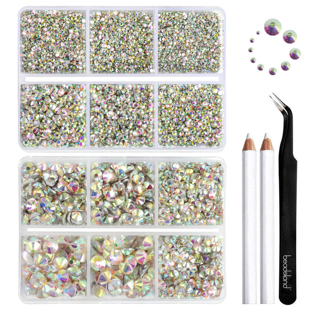 Beadsland 8300PCS Flatback Rhinestones, AB Crystal Rhinestone Nail Gems Round Crystal Rhinestones for Crafts, Mixed 10 Sizes with Wax Pencil and