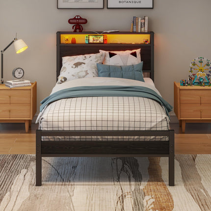 BORPHOM 3ft Single Bed Frame with Storage Wooden Headboard and Charging Station,Solid Metal Bed Frame with LED Lights,No Box Spring Needed,Strong Iron