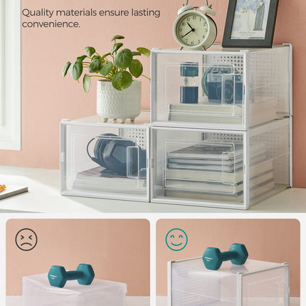 SONGMICS Shoe Boxes, Pack of 18 Stackable Shoe Storage Organisers, Foldable and Versatile for Sneakers, Fit up to UK Size 11.5, Transparent and White