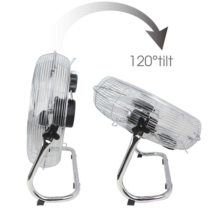 "Metal floor fan 12" High velocity chrome free stand fan cooling fan industrial fan 3 speed desk fan table fan sturdy housing high airflow powerful",