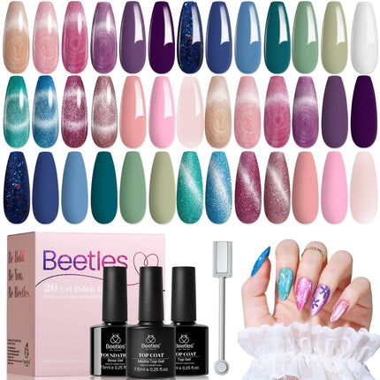 beetles Gel Polish Set 24Pcs Cat Eye Gel Nail Polish Floral Verses Holographic Glitter Blue Pink Green Gel Nail Polish with Magnet Glossy & Matte Gel