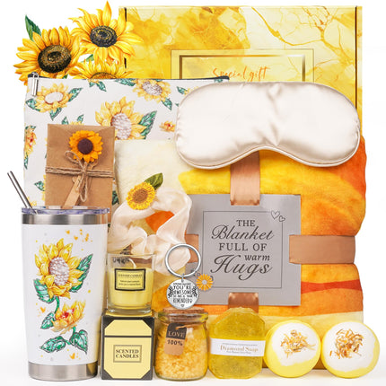 Sunflower Birthday Pamper Gifts for Women - Get Well Soon Self Care Package for Mum Friends Sister Wife, Relaxation Bath Spa Gift Basket with Blanket