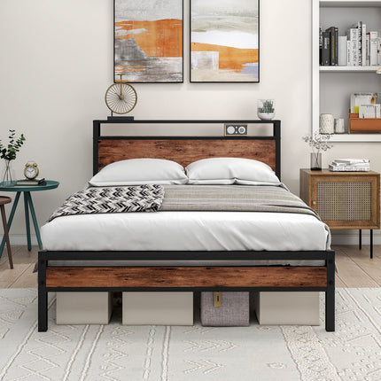 HOJINLINERO Double Bed Frame with Storage Wooden Headboard Shelf,Metal Platform Wooden Bed Frame Double Bed,No Box Spring Needed,Mattress