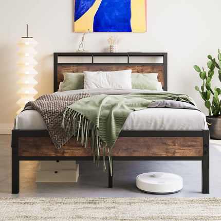 FOUBAM Metal Bed Frame with Wooden Headboard Shelves, Double Size, Super King Mattress, Black