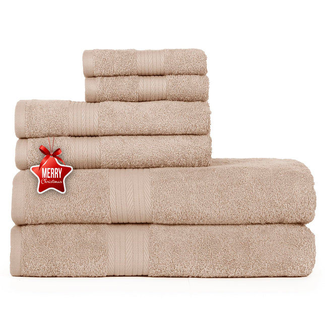 Ample Decor 100% Cotton Luxury, Soft & Absorbent 6 Piece Towels Set, 2 Bath Towels, 2 Hand Towels, 2 Wash Cloths for Bathroom - Beige