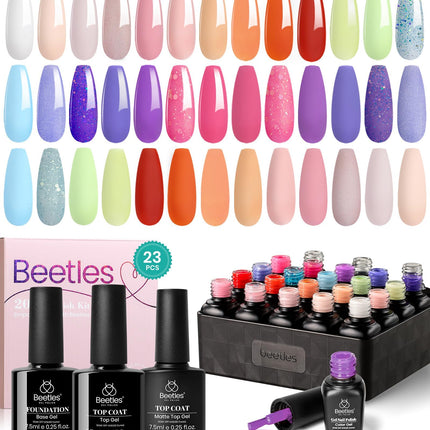 beetles Gel Polish 23 Pcs Gel Nail Polish Kit with Base Top Coat, Glamour Games Collection Spring Summer Colors Gel Polish Pink Purple Orange Nail Art