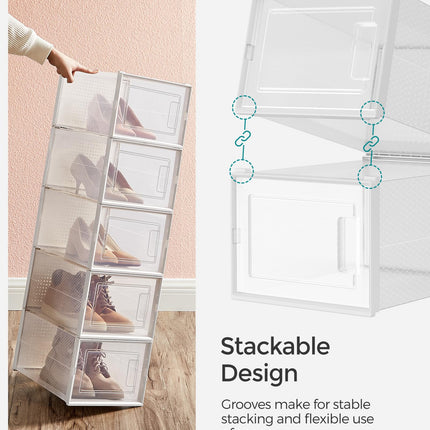 SONGMICS Shoe Boxes, Pack of 18 Stackable Shoe Storage Organisers, Foldable and Versatile for Sneakers, Fit up to UK Size 11.5, Transparent and White